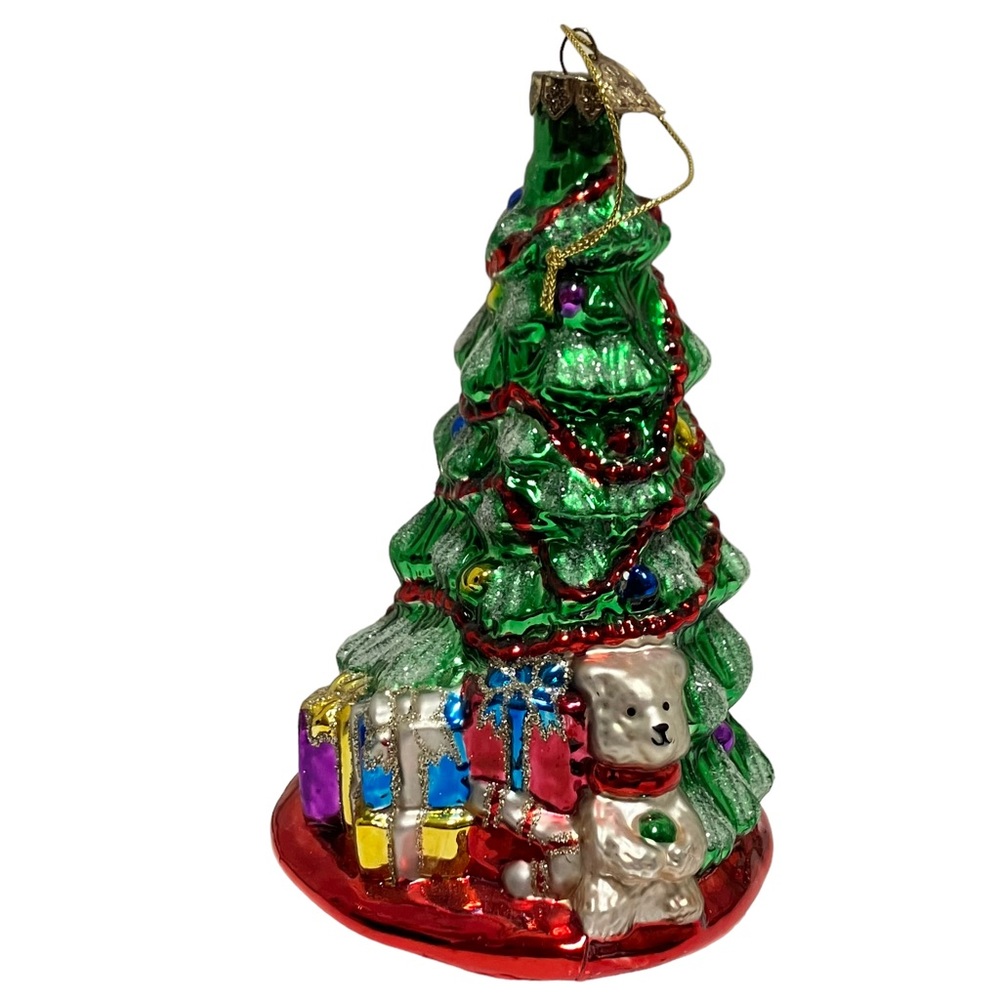 Thomas Pacconi Glass Christmas Tree Ornament with Teddy Bear Bunny Presents
